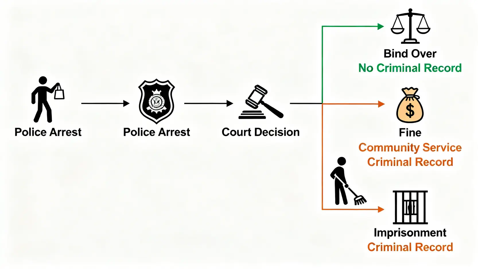 【店舖盜竊初犯懶人包】偷嘢會唔會留案底?一文睇清警司警誡、求情及自救方法 3 店舖盜竊罪的法律流程與後果圖,展示從被捕到不同判決(簽保守行為、罰款、社會服務令、監禁)以及是否會留下案底的可能路徑。
