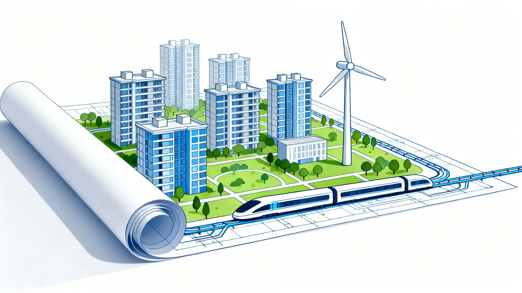 【公屋時間表2026】即將落成公屋項目全覽:單位數目、地區及派發進度一篇睇晒! 3 一張展示未來城市發展藍圖的概念圖,象徵著長遠的公營房屋規劃,包含現代住宅、綠色空間和完善基建。