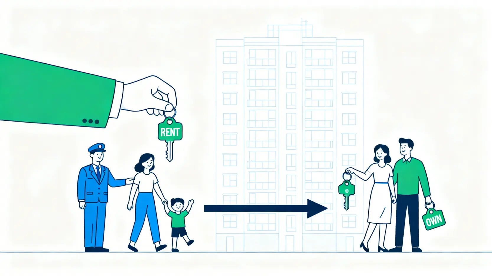 【租置計劃2026終極懶人包】剩餘單位名單、購買程序、申請資格及按揭全攻略 3 一張概念圖,展示了政府將公屋單位的鑰匙交給一個家庭,象徵著「租者置其屋」計劃的核心理念。