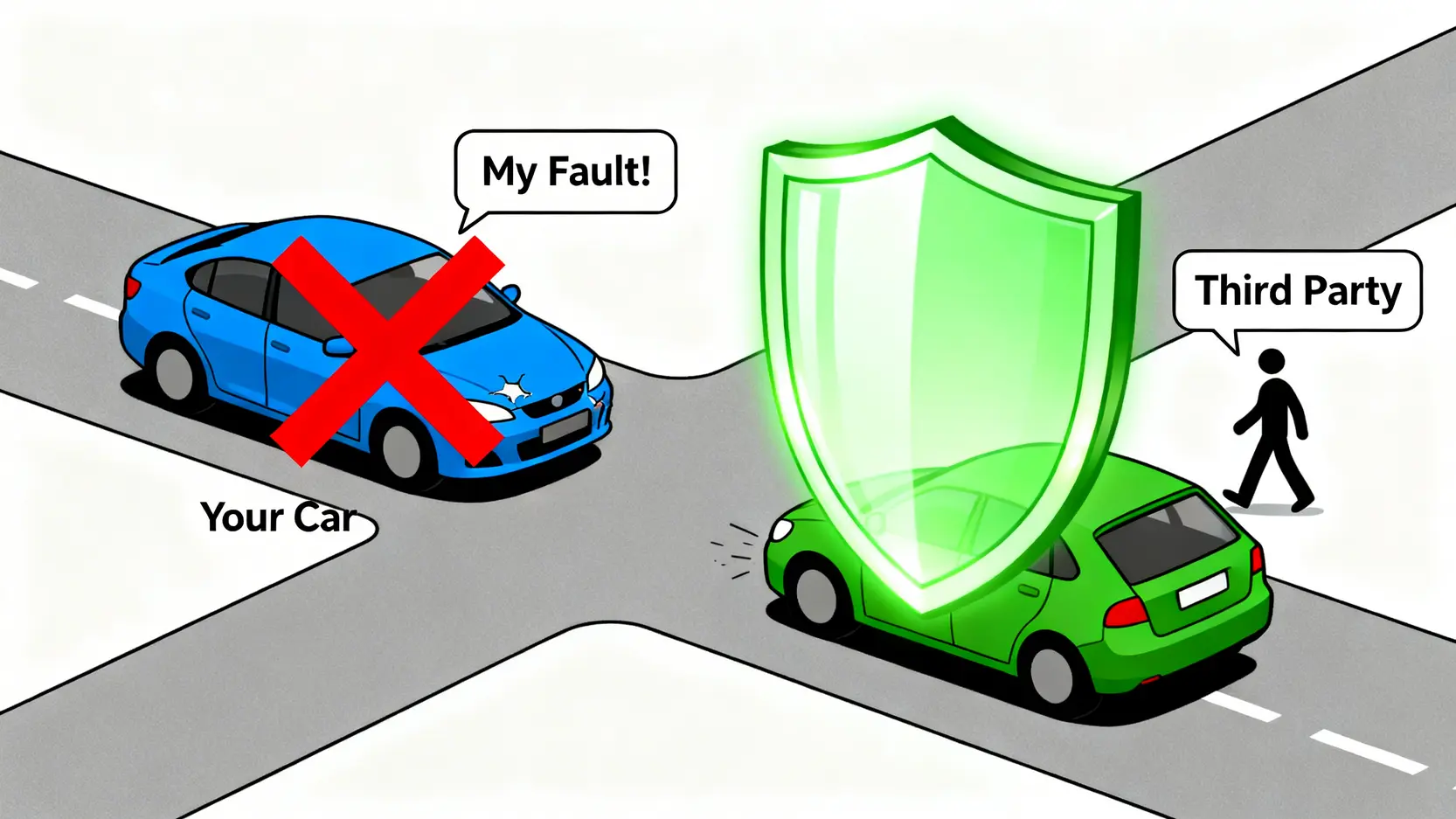 「三保」意思是什麼?第三者責任保險保障範圍、索償程序與全保分別懶人包 3 一張概念圖,解釋第三者責任保險如何保障第三方。圖中顯示肇事車輛沒有受到保障,而第三方的車輛和行人都被保險護盾保護。