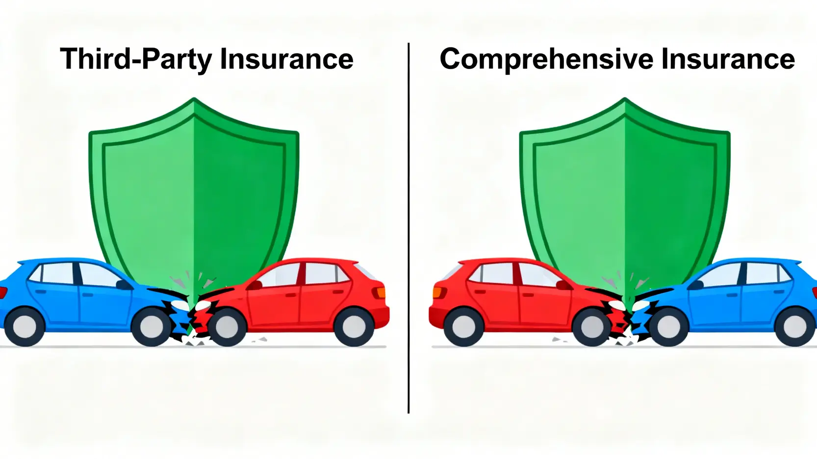 【汽車全保包咩?】2026綜合汽車保險完全指南:全保索償、玻璃保障、墊底費一次搞懂 3 綜合汽車保險與第三者保險的核心分別對比圖,顯示三保只保障對方車輛,而全保保障雙方車輛。