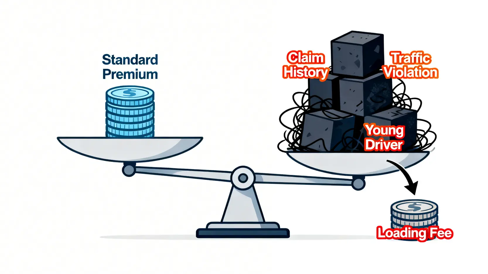 P牌燕梳終極指南:拆解車保Loading、墊底費與高危車保險慳錢攻略 3 車保Loading意思示意圖,一個天秤顯示索償記錄和交通違規等風險因素如何導致保險公司增加額外附加費。