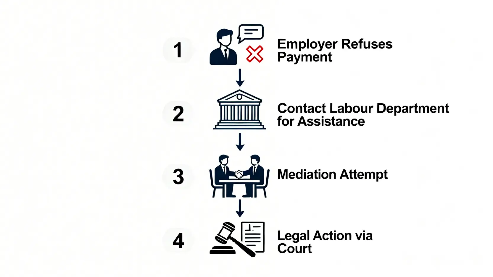 工傷賠償2026:計算方法、賠償上限及《僱員補償條例》金額全攻略 5 當僱主拒絕支付工傷賠償時的處理流程圖,從向勞工處求助到採取法律行動的步驟。