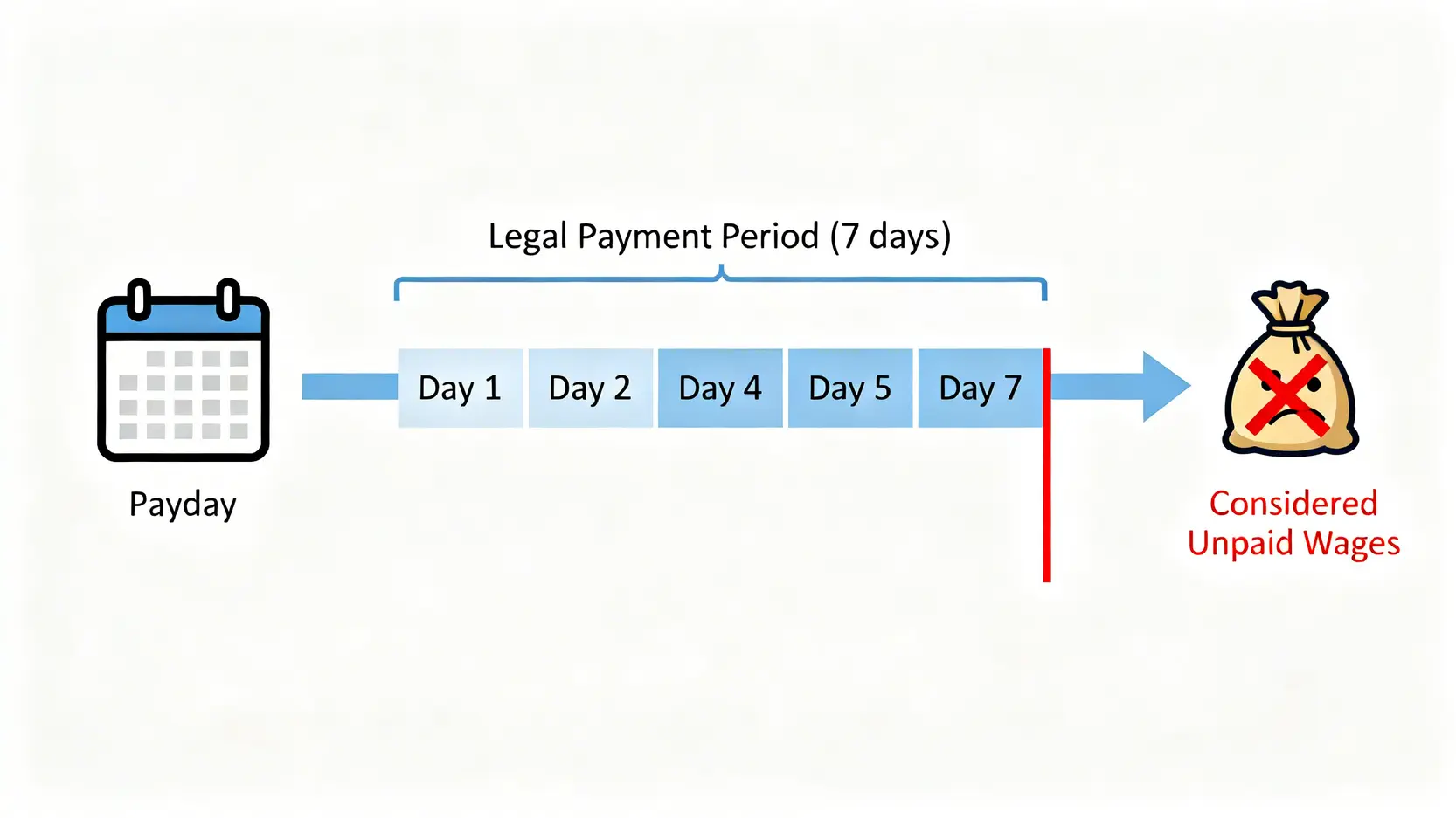 【追薪懶人包】勞工處追討欠薪程序全攻略:由表格下載到成功索償 3 一張圖解說明香港法例中「欠薪」的定義,顯示工資期屆滿後7天為支付期限,超過即屬違法。