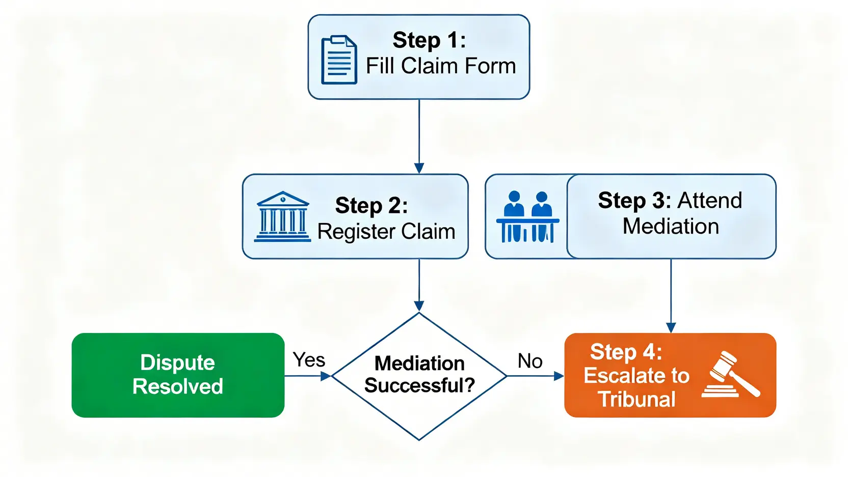 【追薪懶人包】勞工處追討欠薪程序全攻略:由表格下載到成功索償 4 勞工處追討欠薪程序流程圖,展示從填表、登記、調解到轉介審裁處的四個步驟。