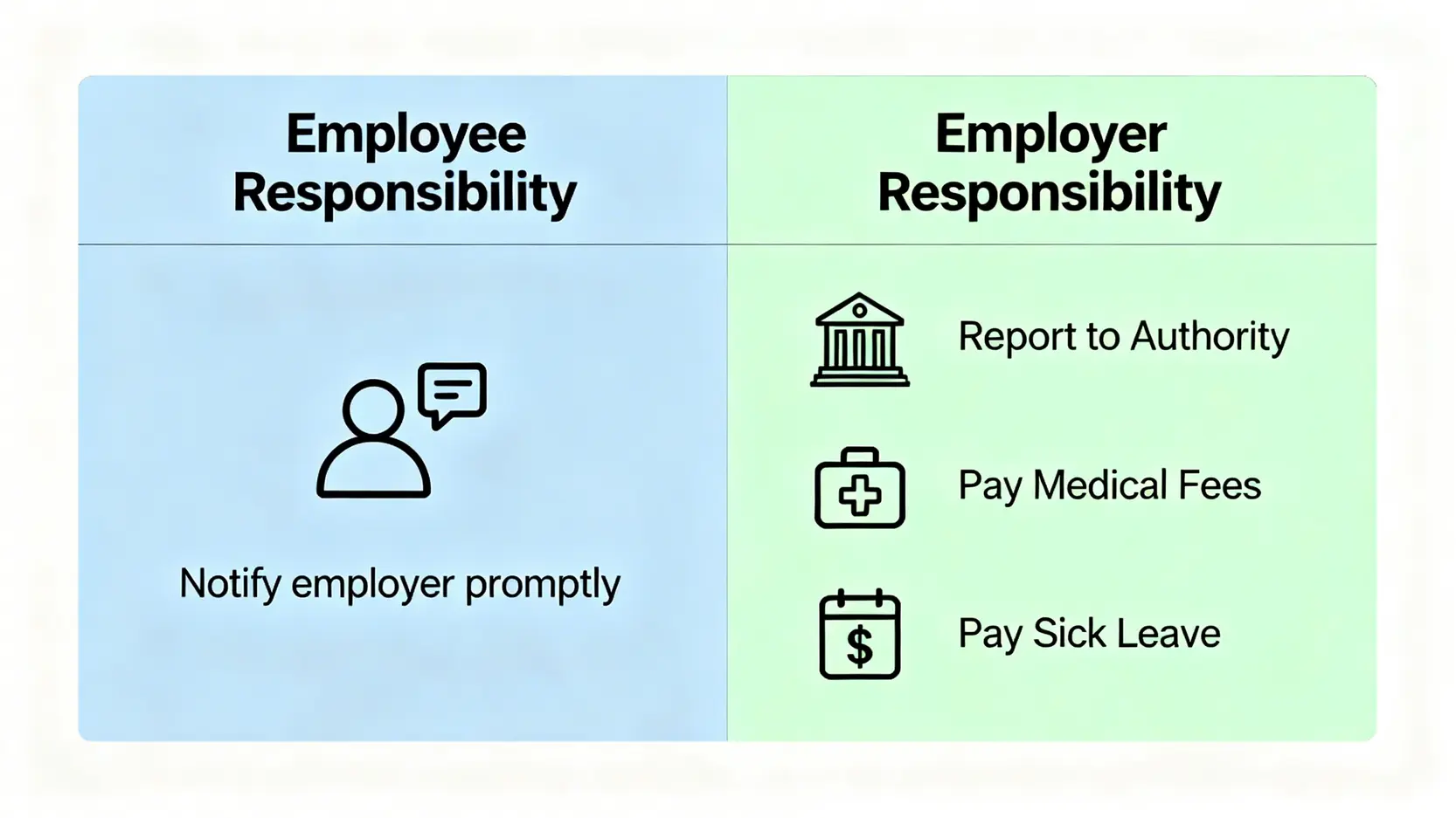 報工傷程序懶人包:網上呈報、時限、表格下載教學 (2026更新) 4 一張對比圖,清楚列出報工傷程序中僱員與僱主的各自責任。
