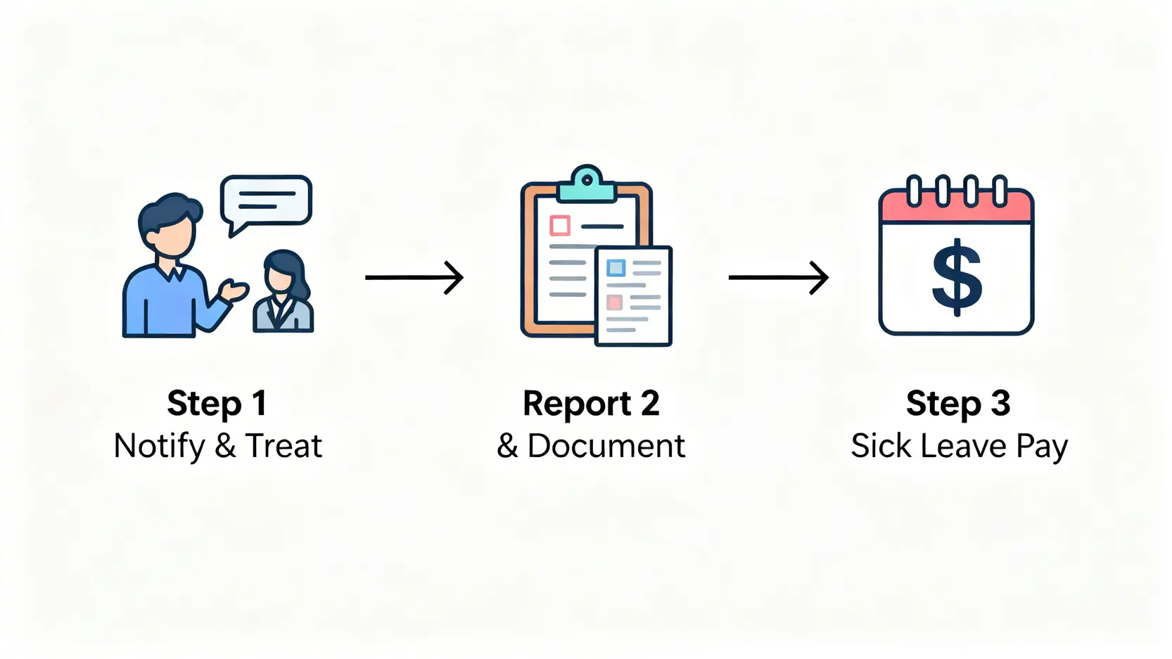 返工受傷點算?2026工傷定義及處理程序懶人包 (附僱員補償條例詳解) 3 工傷處理黃金48小時三步驟流程圖,包括通知僱主、記錄文件和安排病假薪金。