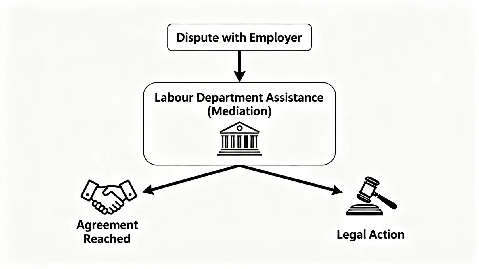 返工受傷點算?2026工傷定義及處理程序懶人包 (附僱員補償條例詳解) 5 工傷索償爭議處理流程圖,展示從與僱主產生爭議到尋求勞工處協助,最終可能達成協議或採取法律行動的途徑。