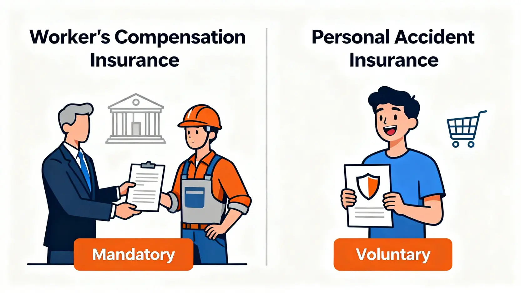 地盤勞保懶人包:2026工傷賠償計算、高風險投保重點一篇搞懂! 3 一張對比圖,顯示地盤勞工保險是由僱主為僱員購買的法定保障,而個人意外保險是個人為自己購買的自願性保障。