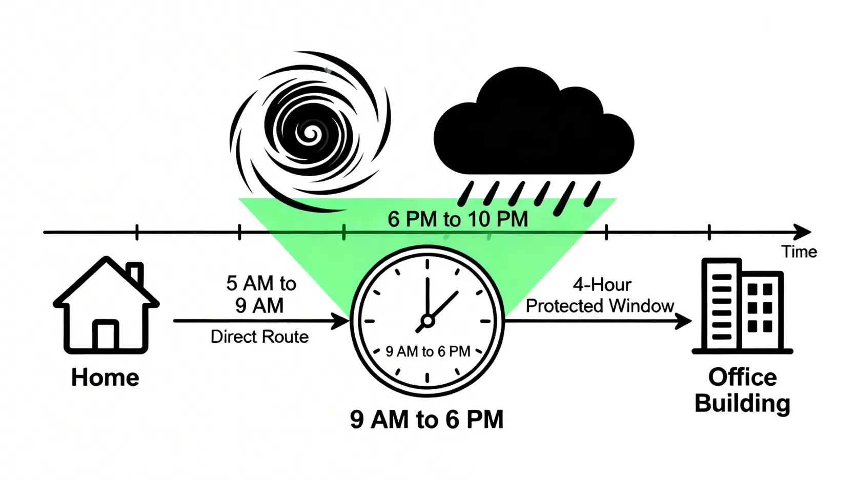交通意外算工傷?律師解析《僱員補償條例》:惡劣天氣索償必讀 4 一張示意圖展示在惡劣天氣下,僱員於上班前及下班後四小時內的直接路程中受傷,均受工傷保障。