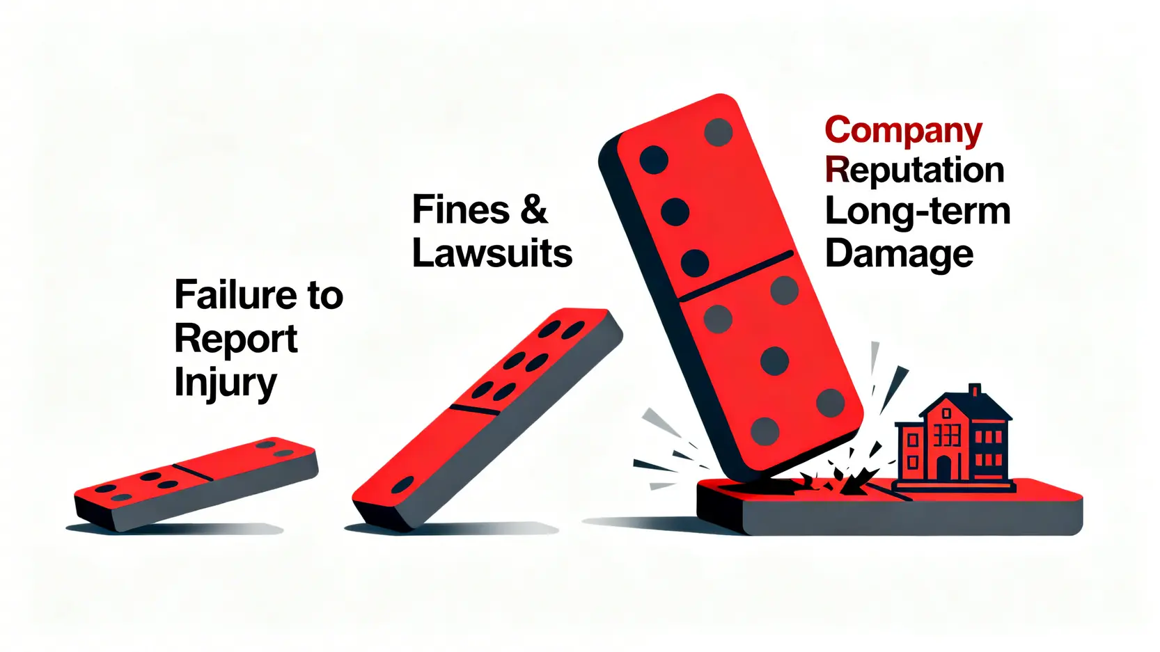 【僱主必讀】唔報工傷後果嚴重!一文睇清僱員補償條例、勞保墊底費及法律責任 4 一張示意圖,展示僱主不呈報工傷如同推倒多米諾骨牌,引發法律制裁、民事索償和公司聲譽受損的連鎖反應。