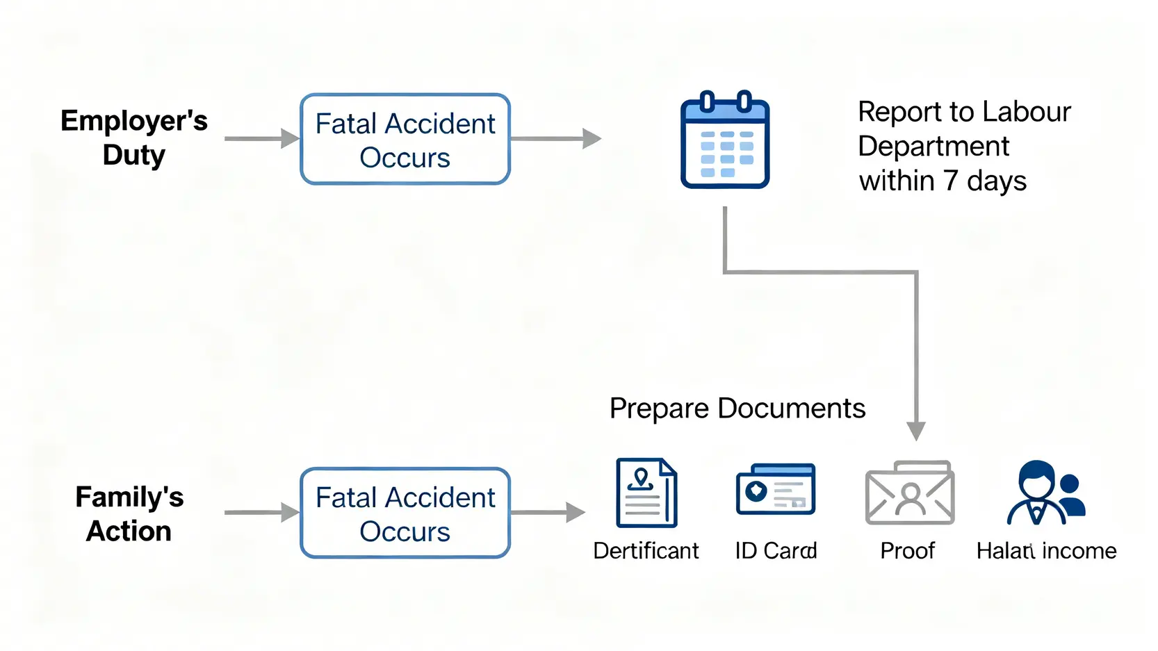 致命工傷完全指南:工傷死亡賠償金額、呈報程序、家屬恩恤金懶人包 3 致命工傷意外呈報流程圖,展示僱主和家屬在意外發生後的各自責任與步驟。
