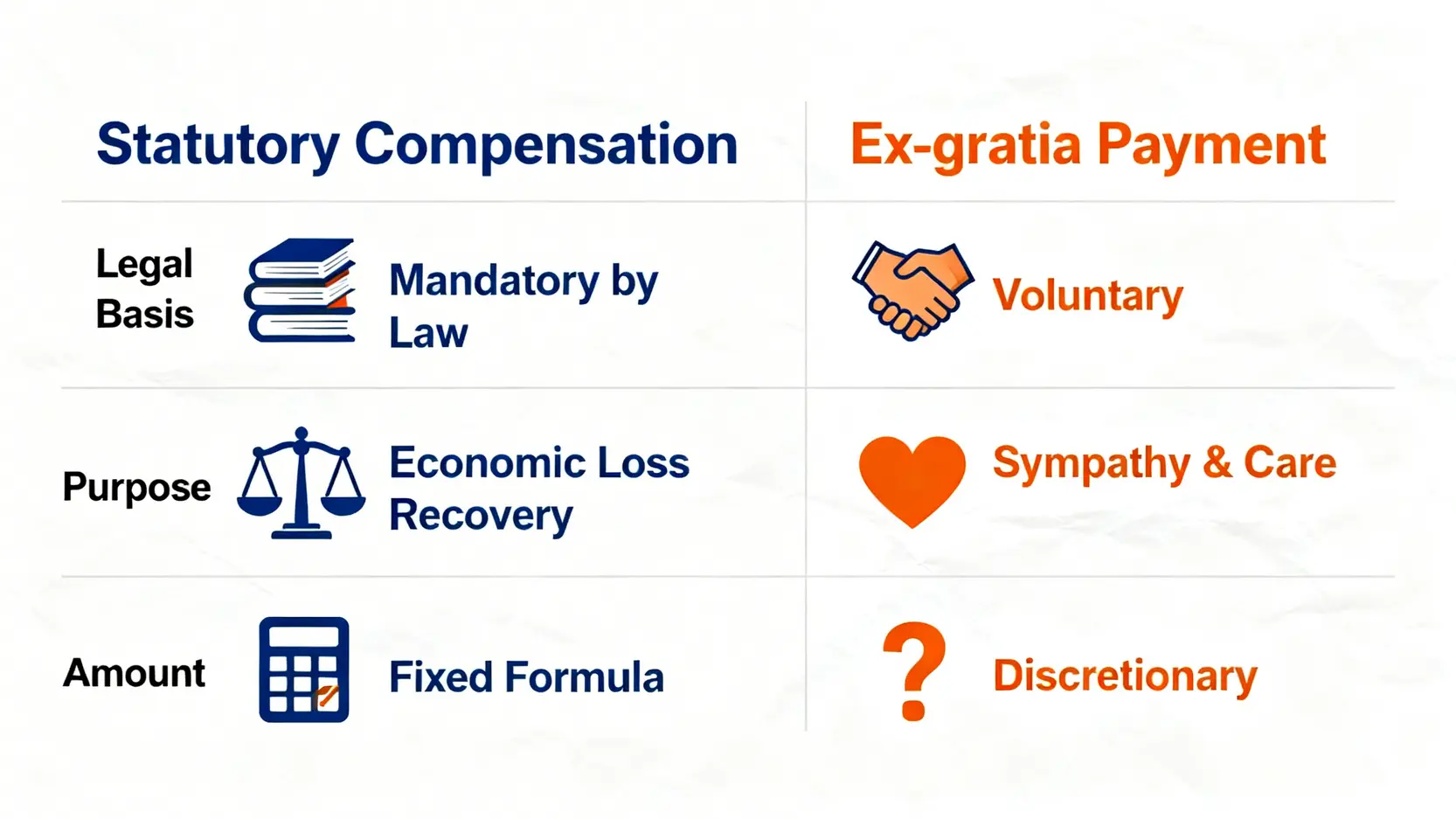 致命工傷完全指南:工傷死亡賠償金額、呈報程序、家屬恩恤金懶人包 5 法定賠償與家屬恩恤金的對比圖,從法律基礎、目的和金額三個方面比較兩者的不同。