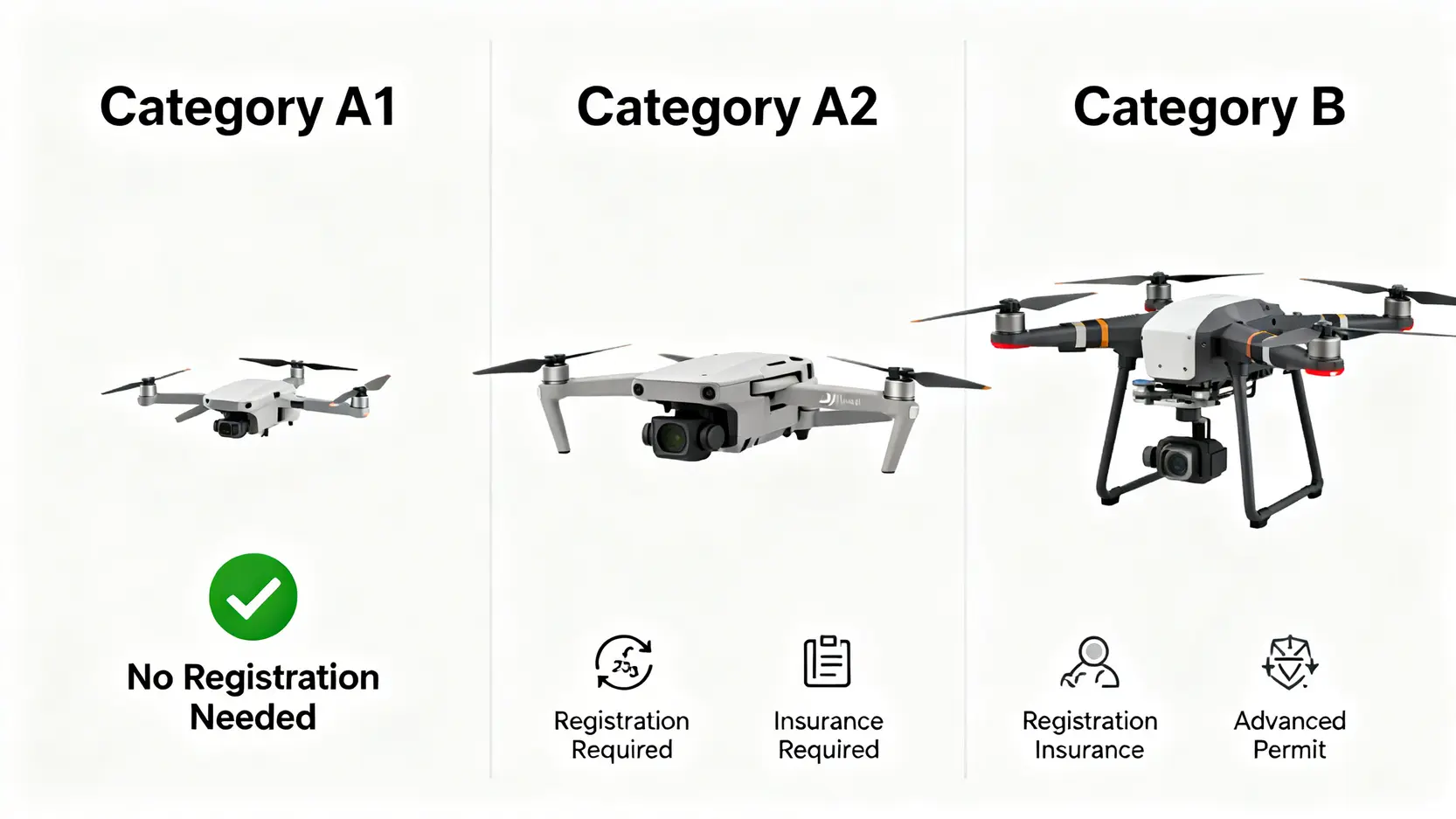 香港無人機法例懶人包:註冊申請、禁飛區、保險要求一篇搞掂! 3 香港無人機法例下甲一、甲二及乙類無人機的主要分別對比圖。