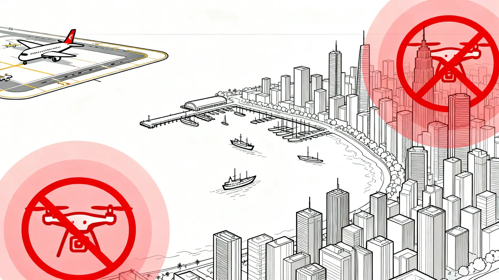 香港無人機法例懶人包:註冊申請、禁飛區、保險要求一篇搞掂! 5 香港無人機禁飛區示意圖,標示出機場、維多利亞港及人多密集地區等主要限制飛行區域。