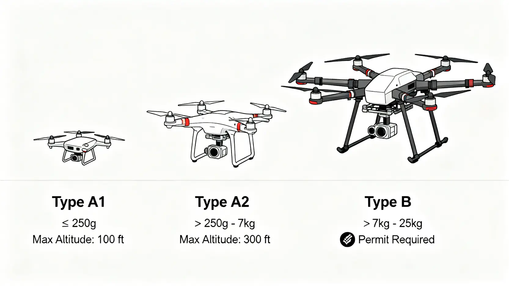 【香港無人機禁飛區2026】SUA一站通教學+保險要求,避開$10萬重罰 3 香港無人機甲一、甲二及乙類分類對比圖,顯示了各類別的重量限制和飛行高度。
