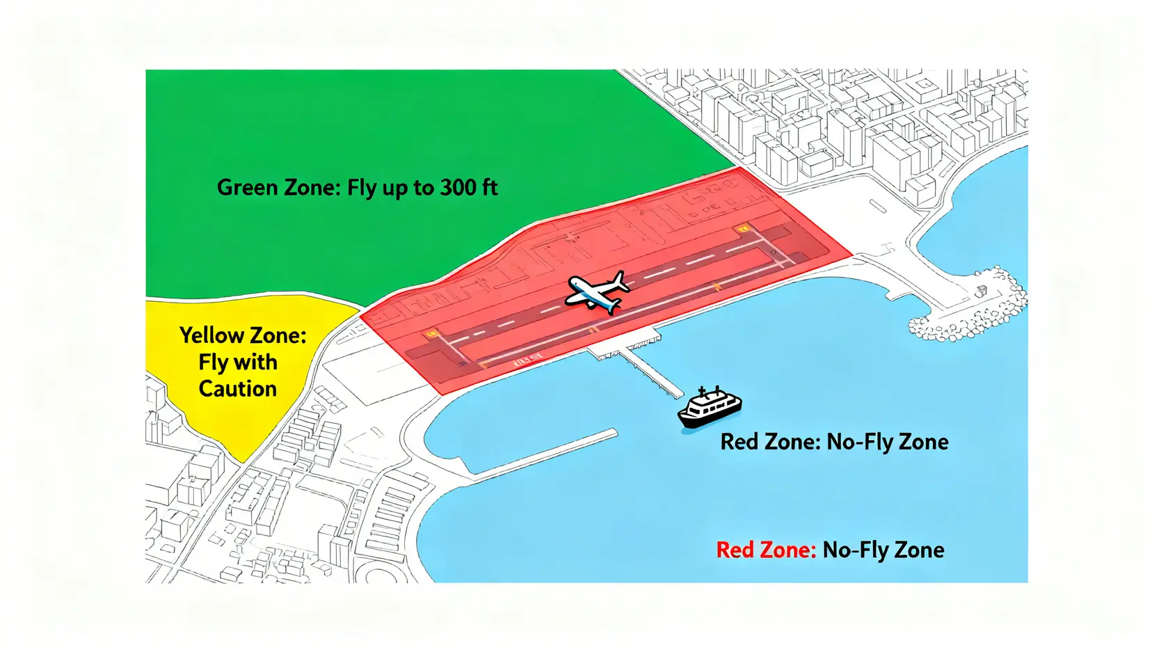 【香港無人機禁飛區2026】SUA一站通教學+保險要求,避開$10萬重罰 5 香港無人機飛行圖區域示意圖,標示出綠色、黃色和紅色的飛行限制區域。