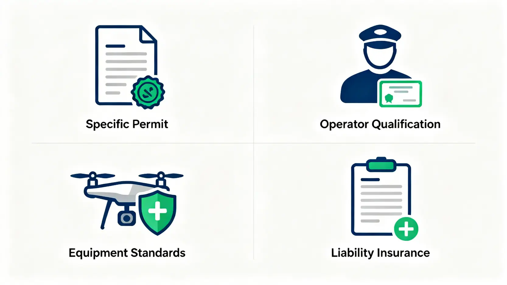 香港低空經濟發展全面睇:法例修訂、5大機遇與挑戰全解析 4 無人機送貨法規四大核心要求圖示,包括特定許可、操作員資質、設備要求和保險規定。