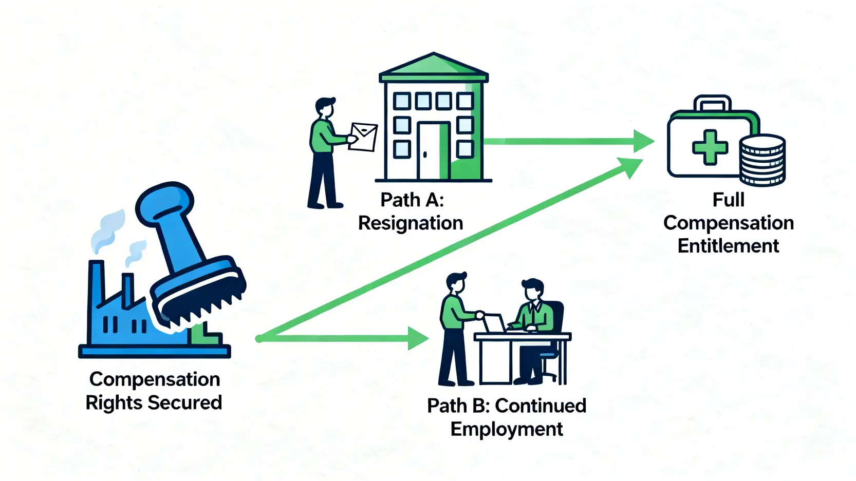 【工傷權益】工傷期間辭職會影響賠償?辭職、解僱、離職後權益全攻略 3 概念圖說明工傷索償權在意外發生時即被鎖定,無論後續是辭職還是繼續受僱,都不影響最終獲得全額賠償的權利。