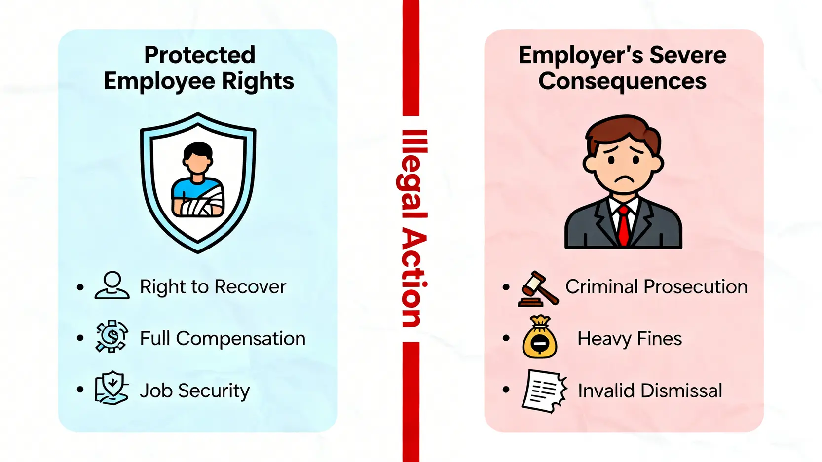 【工傷權益】工傷期間辭職會影響賠償?辭職、解僱、離職後權益全攻略 4 一張對比圖,顯示工傷期間解僱員工的法律界線,左側是受法律保護的僱員權益,右側是僱主非法解僱將面臨的罰款、檢控等嚴重後果。