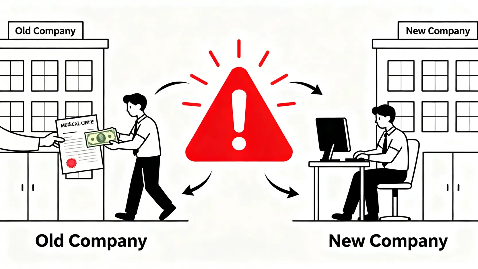 【工傷權益】工傷期間辭職會影響賠償?辭職、解僱、離職後權益全攻略 5 一張示意圖,展示了工傷期間入職新工作可能導致的索償衝突,一邊是領取舊公司病假錢,另一邊是在新公司工作,中間有警告標誌。