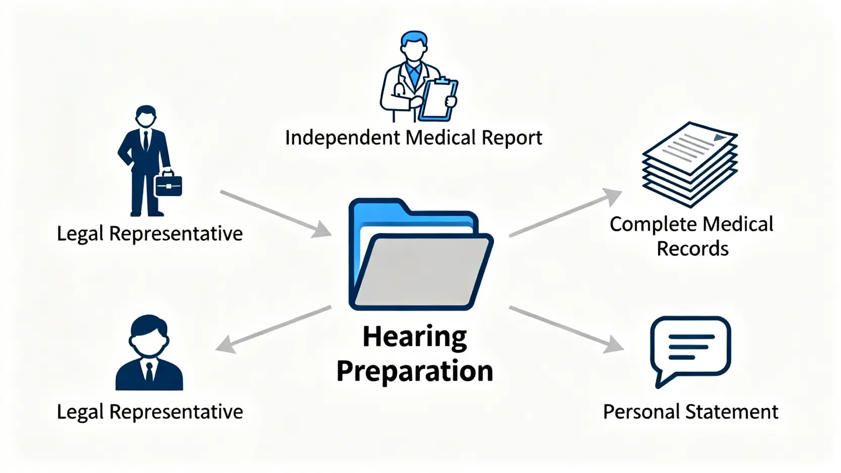 工傷上訴全攻略:不服勞工處判傷?專家教你5步爭取合理賠償 5 準備工傷覆檢聆訊的四個關鍵要素圖:獨立醫療報告、醫療紀錄、個人陳述和法律代表。