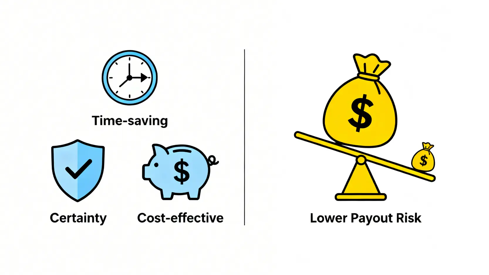 工傷和解懶人包:和解金額計算、協議書、談判技巧一篇搞定 3 工傷和解的優點與風險對比圖,左邊展示了省時、確定性高、節省費用等優點,右邊則警示了賠償金額可能偏低的風險。