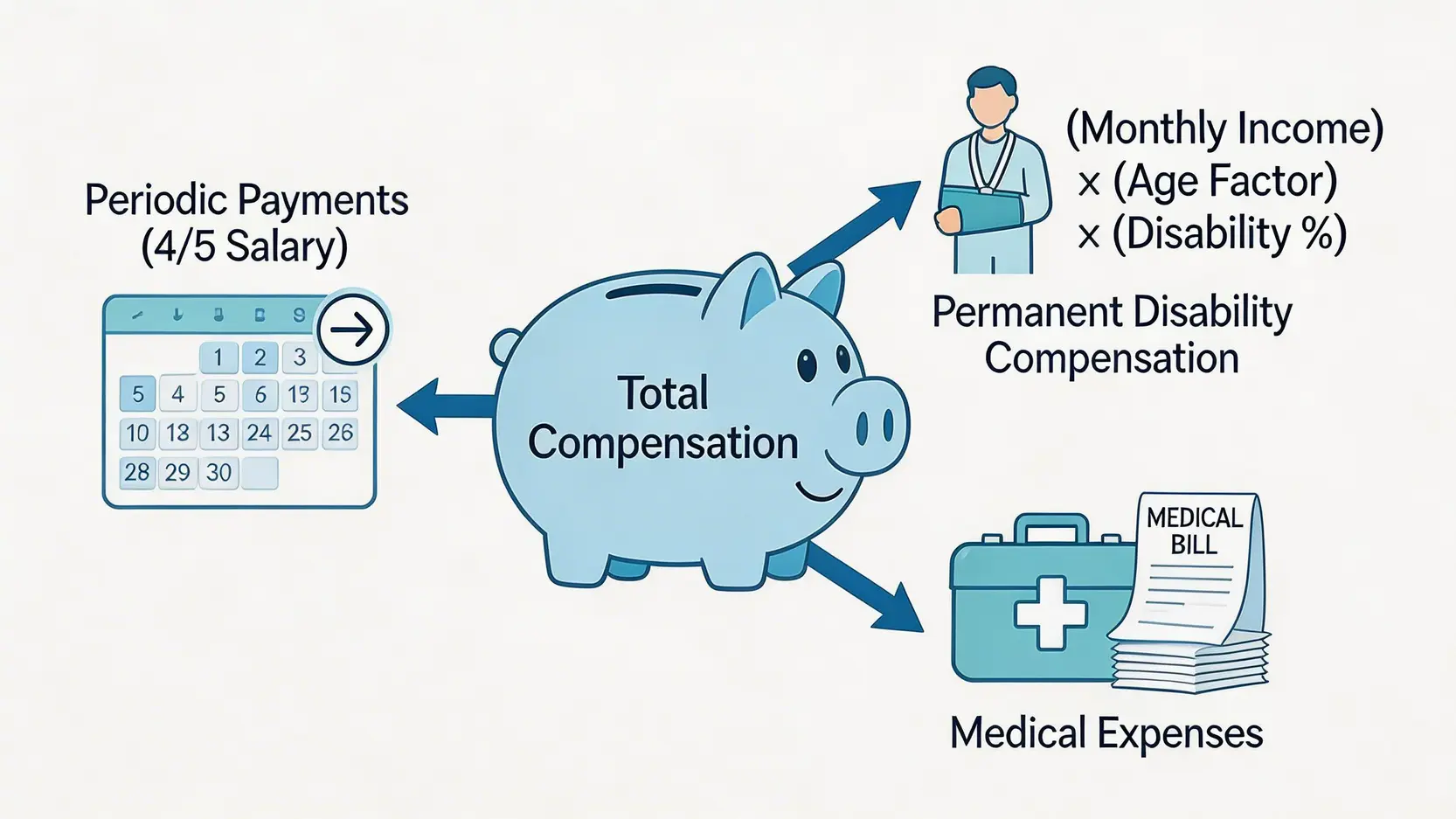 工傷賠償計算懶人包:5步計足4/5糧、永久傷殘及和解金額 3 工傷賠償三大核心項目示意圖,包括按期付款、永久傷殘補償和醫療費用。