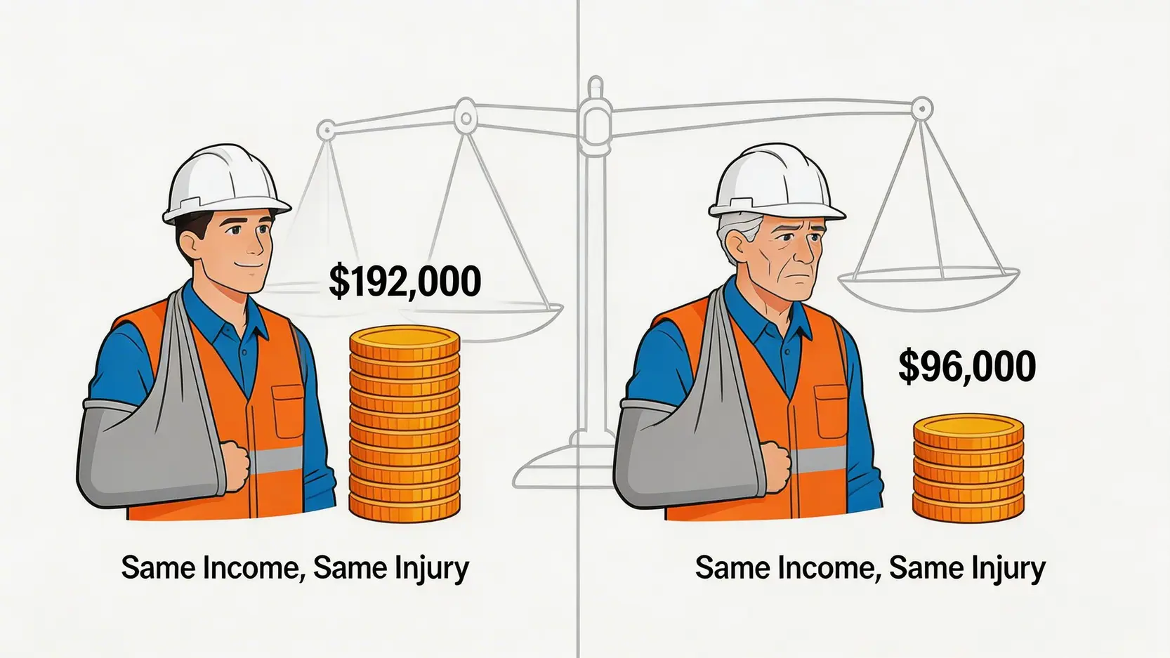 工傷賠償計算懶人包:5步計足4/5糧、永久傷殘及和解金額 4 35歲與58歲工友在相同傷勢下的工傷賠償金額對比,顯示年齡對賠償額的影響。