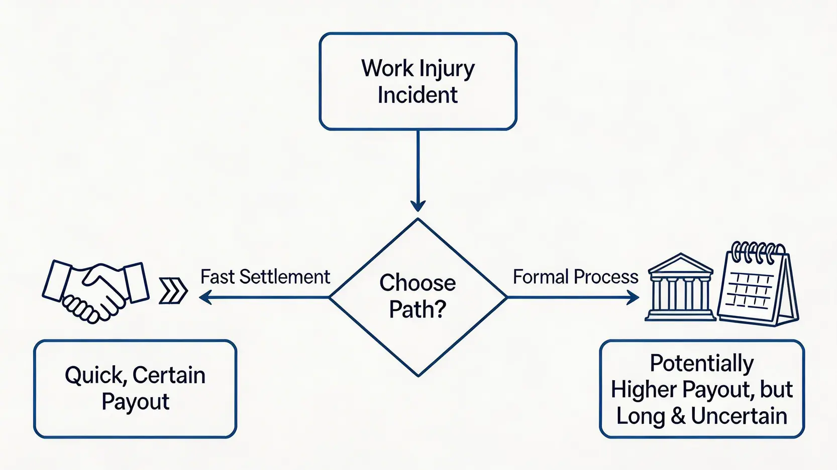 工傷賠償計算懶人包:5步計足4/5糧、永久傷殘及和解金額 5 工傷索償路徑選擇圖,比較和解協議與完成判傷或法律程序的利弊。