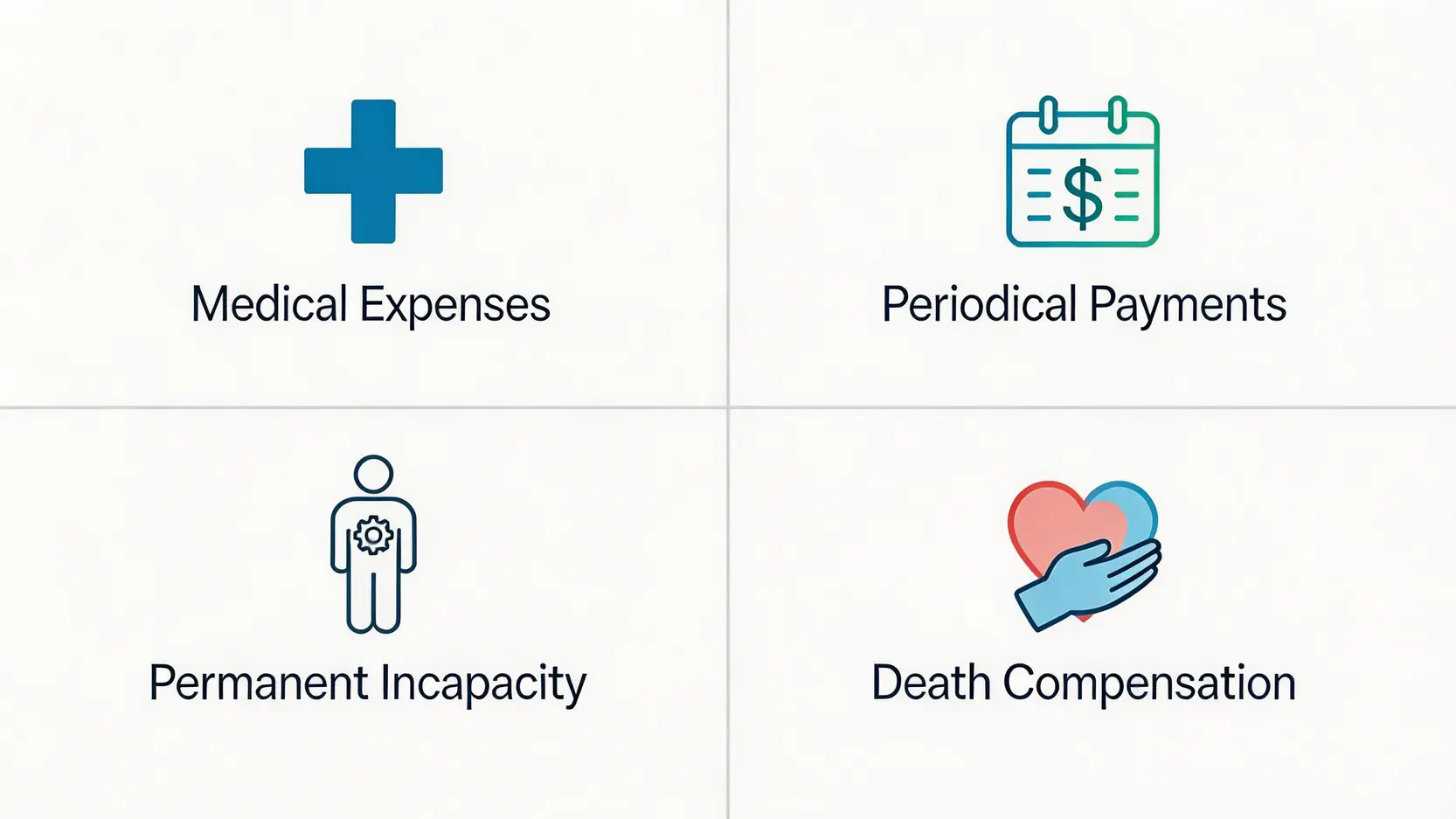 【香港工傷索償】5大工傷賠償個案分享,助你了解賠償金額與成功關鍵 3 工傷賠償涵蓋的四大範疇示意圖,包括醫療費用、工傷病假錢、永久傷殘補償及死亡補償。