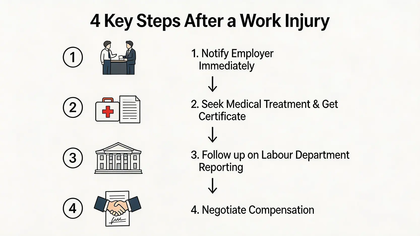 工業意外定義與僱員補償條例詳解:香港工傷法例必讀指南 5 工傷索償的四個關鍵步驟流程圖,包括通知僱主、求醫、跟進呈報及協商賠償。