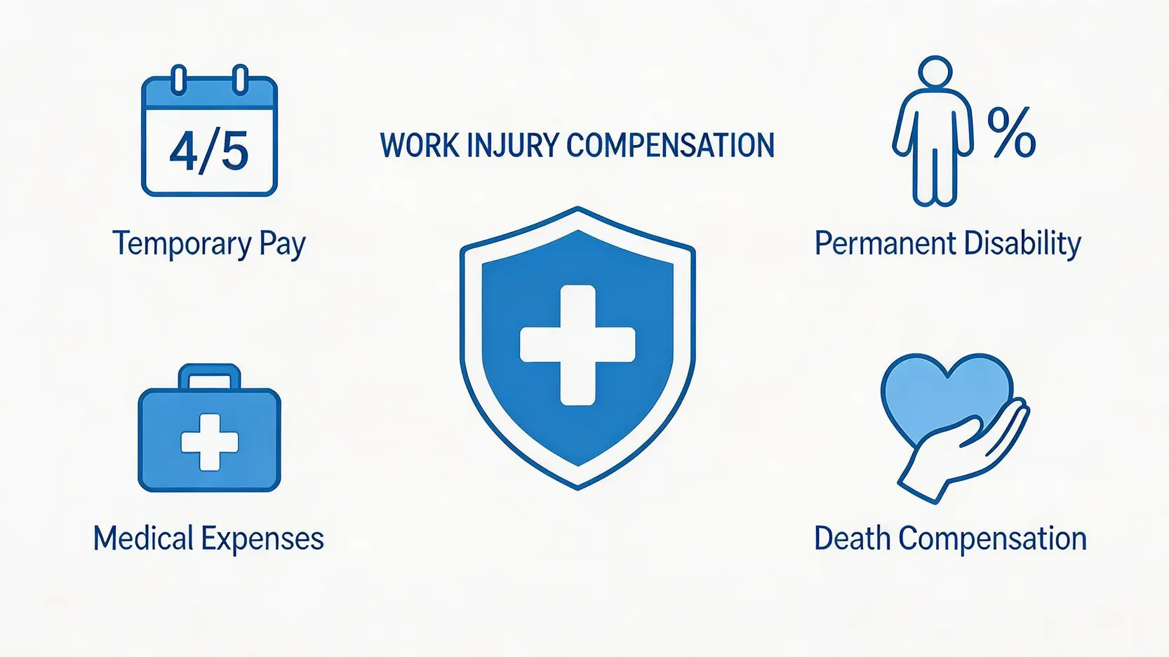 【2026 法律指南】工傷永久傷殘賠償全攻略:計算方法、年齡系數與最新賠償上限 3 工傷賠償四大核心項目示意圖,包含4/5糧、永久傷殘賠償、醫療費用及死亡補償。