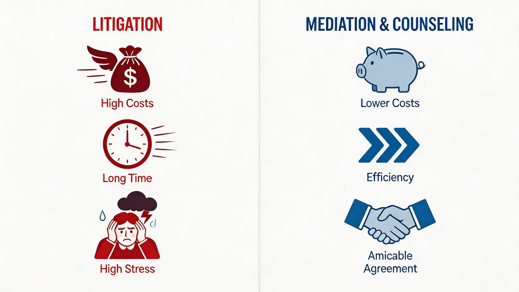 法律訴訟與離婚調解的對比圖，顯示訴訟成本高昂、耗時且壓力大，而調解則更經濟、高效、和平。