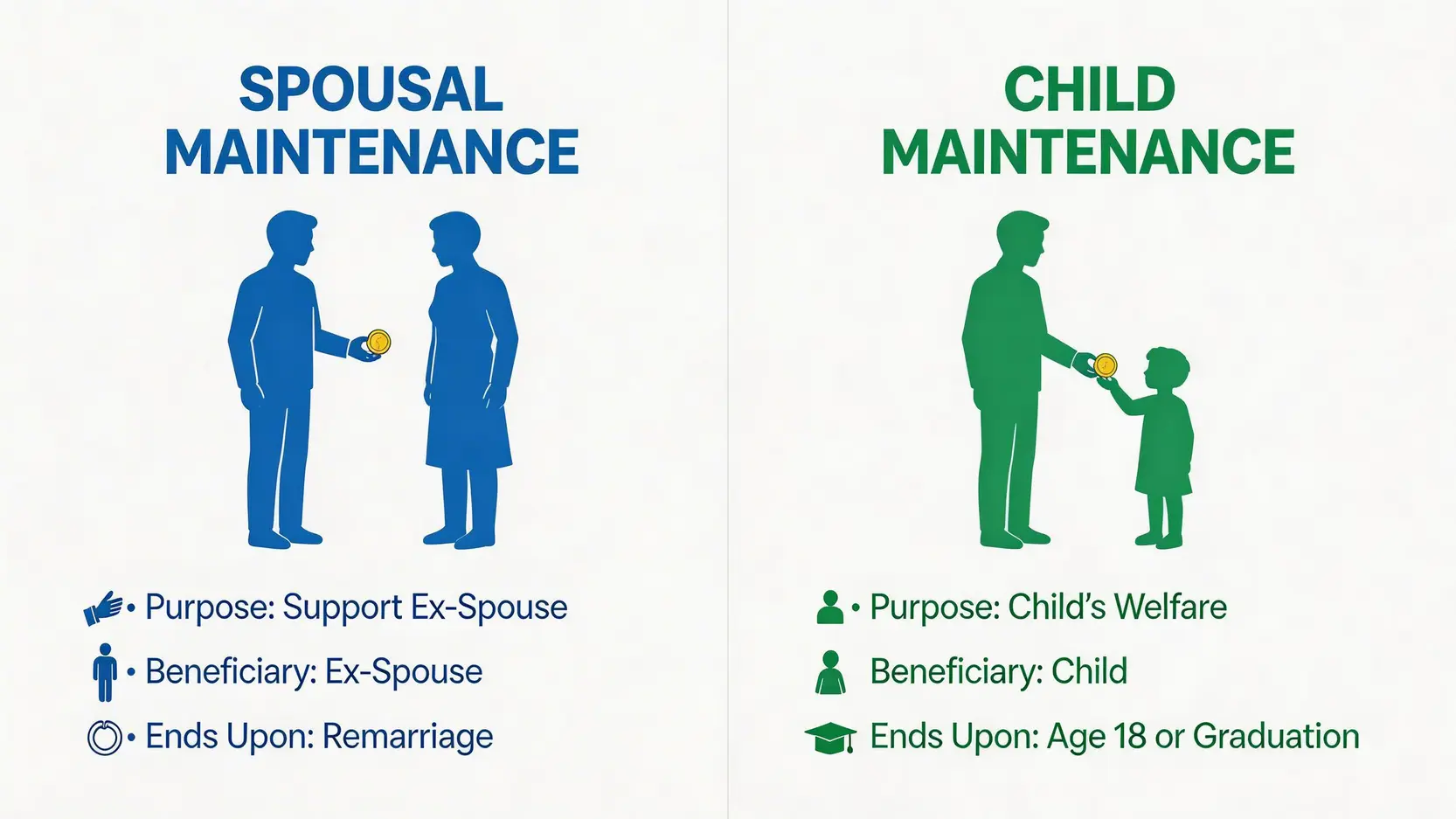 一張對比圖，展示配偶贍養費與子女贍養費在目的、受益人和終止條件上的區別。