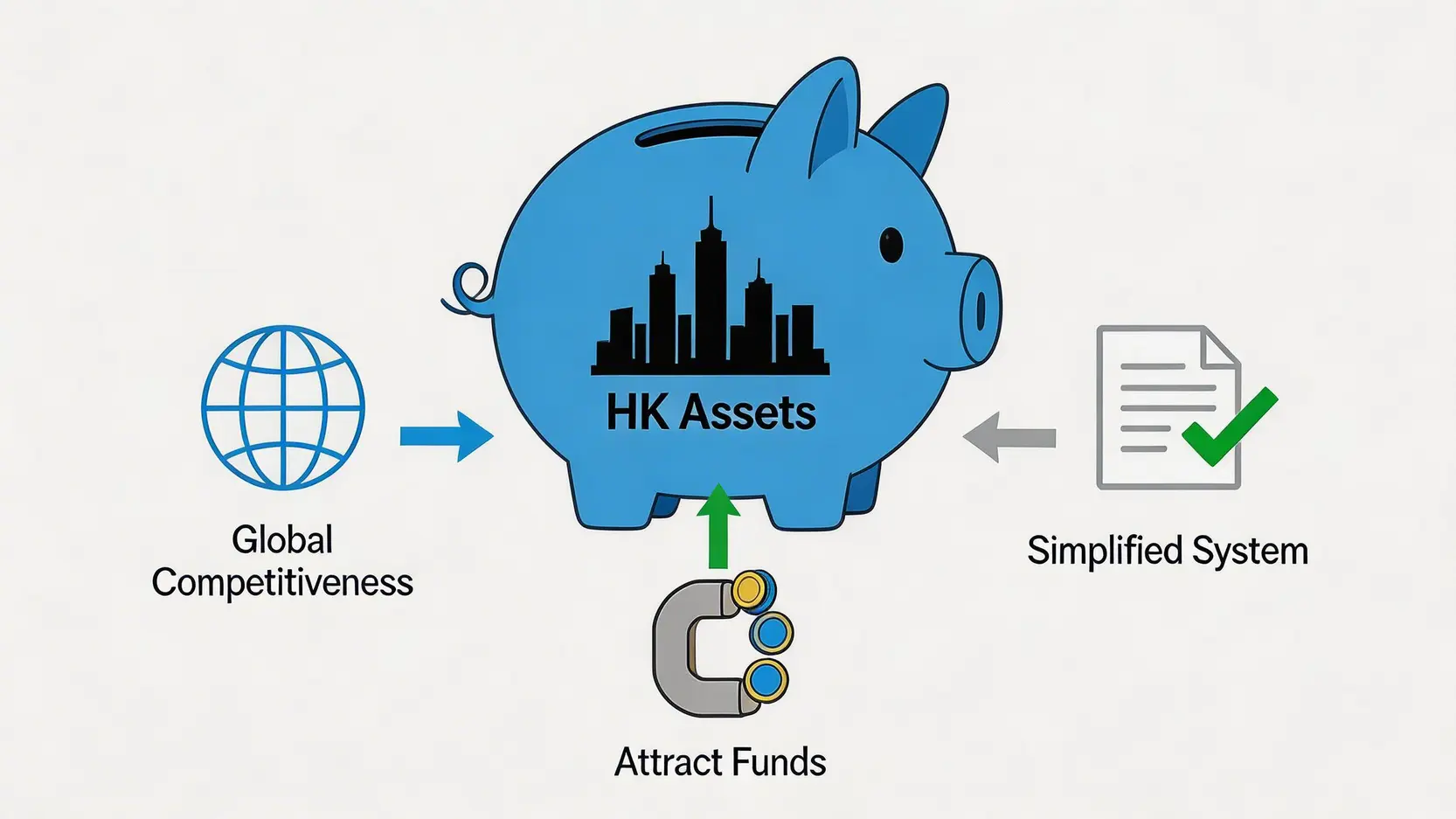 一張示意圖展示香港取消遺產稅的三大原因：增強國際競爭力、吸引和挽留資金、以及簡化稅制。