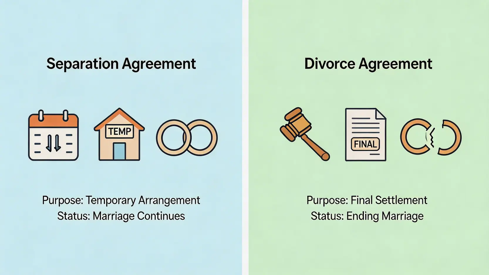 分居協議書與離婚協議書的區別對比圖，展示了兩者在目的和婚姻狀態上的不同。