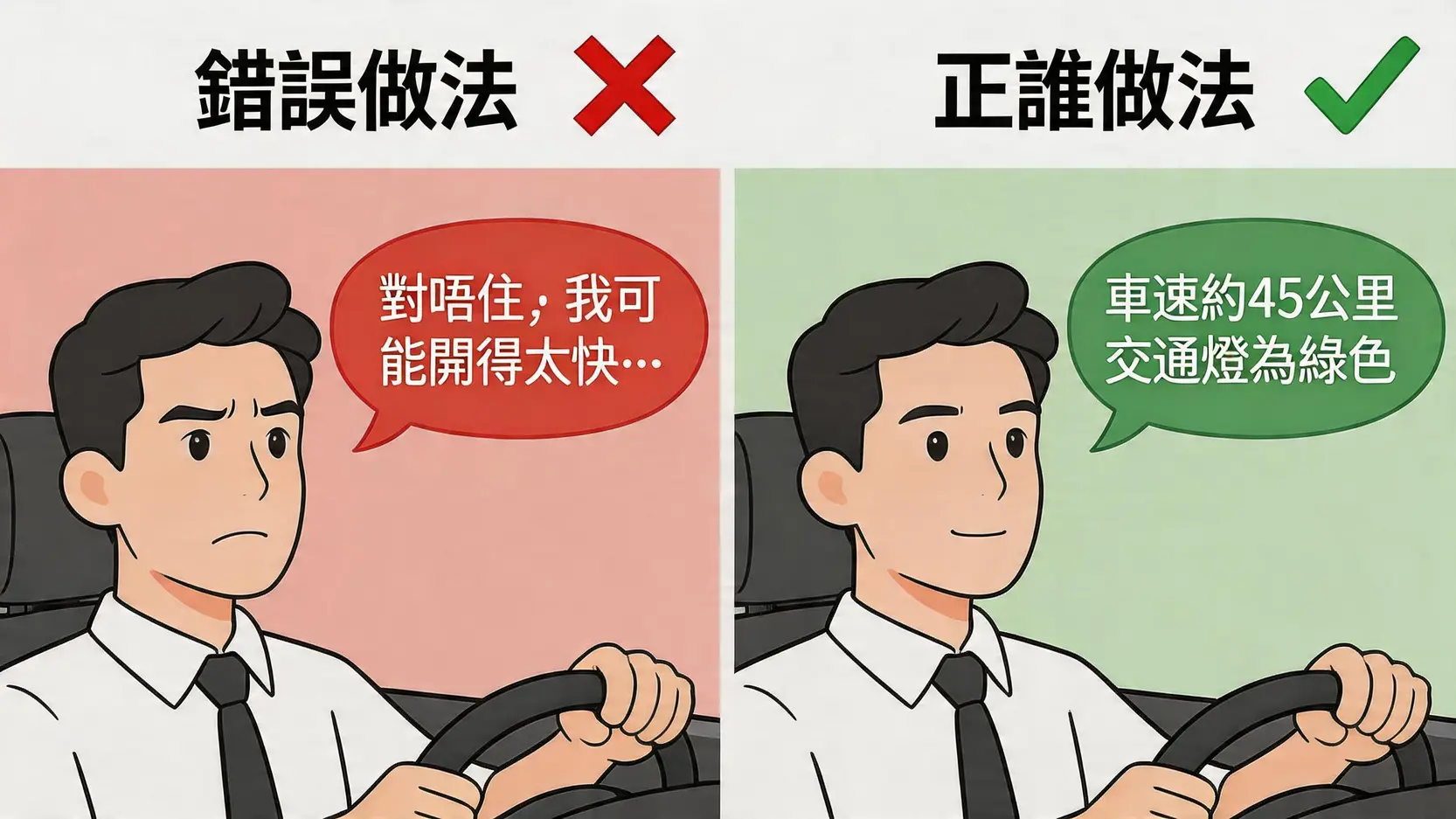 一張對比圖，顯示了司機在交通意外後提供口供時，錯誤的（承認責任）與正確的（陳述客觀事實）兩種陳述方式。