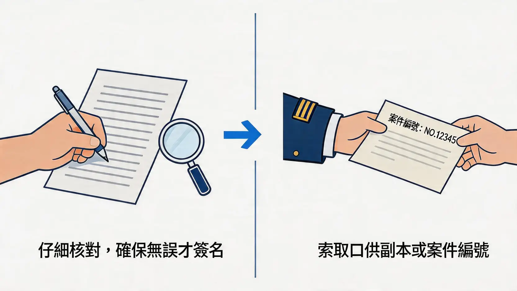 圖示說明錄完口供後的兩個關鍵步驟：仔細核對口供內容後簽名，以及索取口供副本和案件編號。