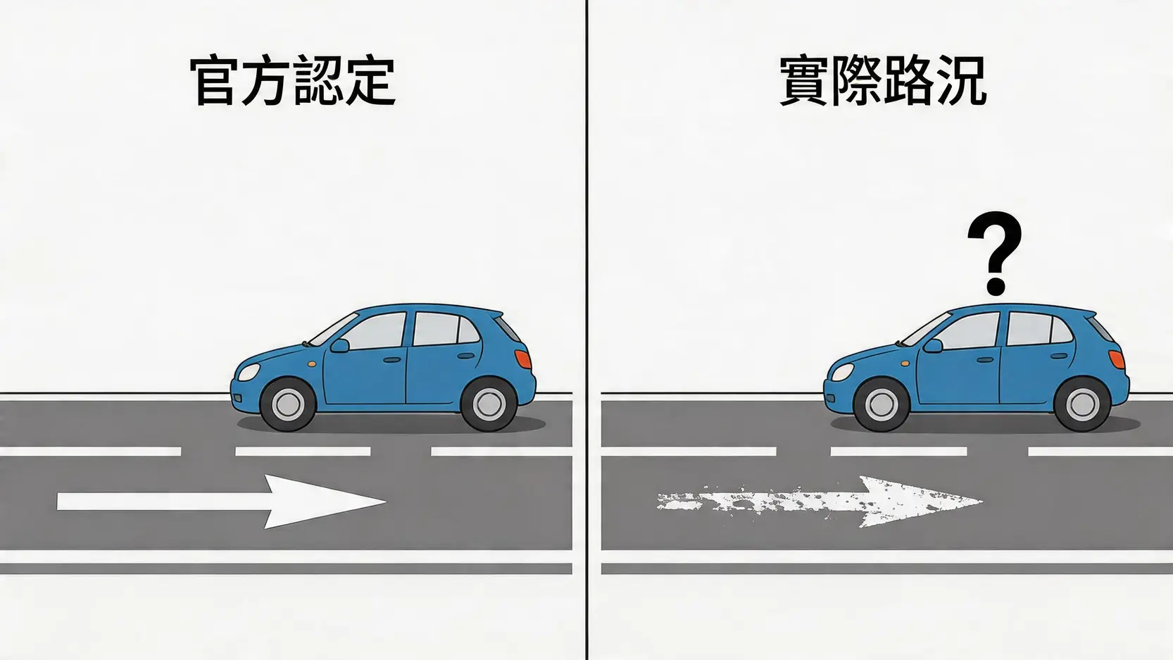 一張對比圖，顯示交通標線清晰與模糊不清的兩種情況，說明因標線無法辨識而訴願成功。