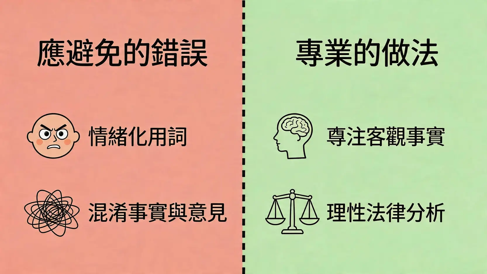 申訴書寫作對比圖：應避免情緒化用詞和混淆事實，而應專注客觀事實和理性分析。