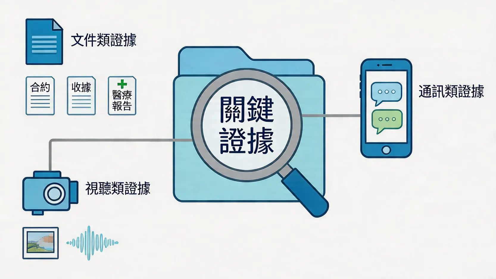 一張展示民事索償中三種主要證據類型的示意圖：文件類證據、通訊類證據和視聽類證據。