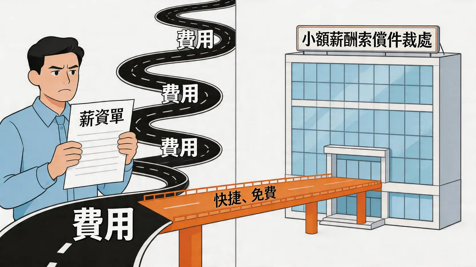 一位僱員選擇通過一條名為「小額薪酬索償仲裁處」的快捷免費橋樑來解決薪酬糾紛，而不是走一條複雜昂貴的傳統法律道路。