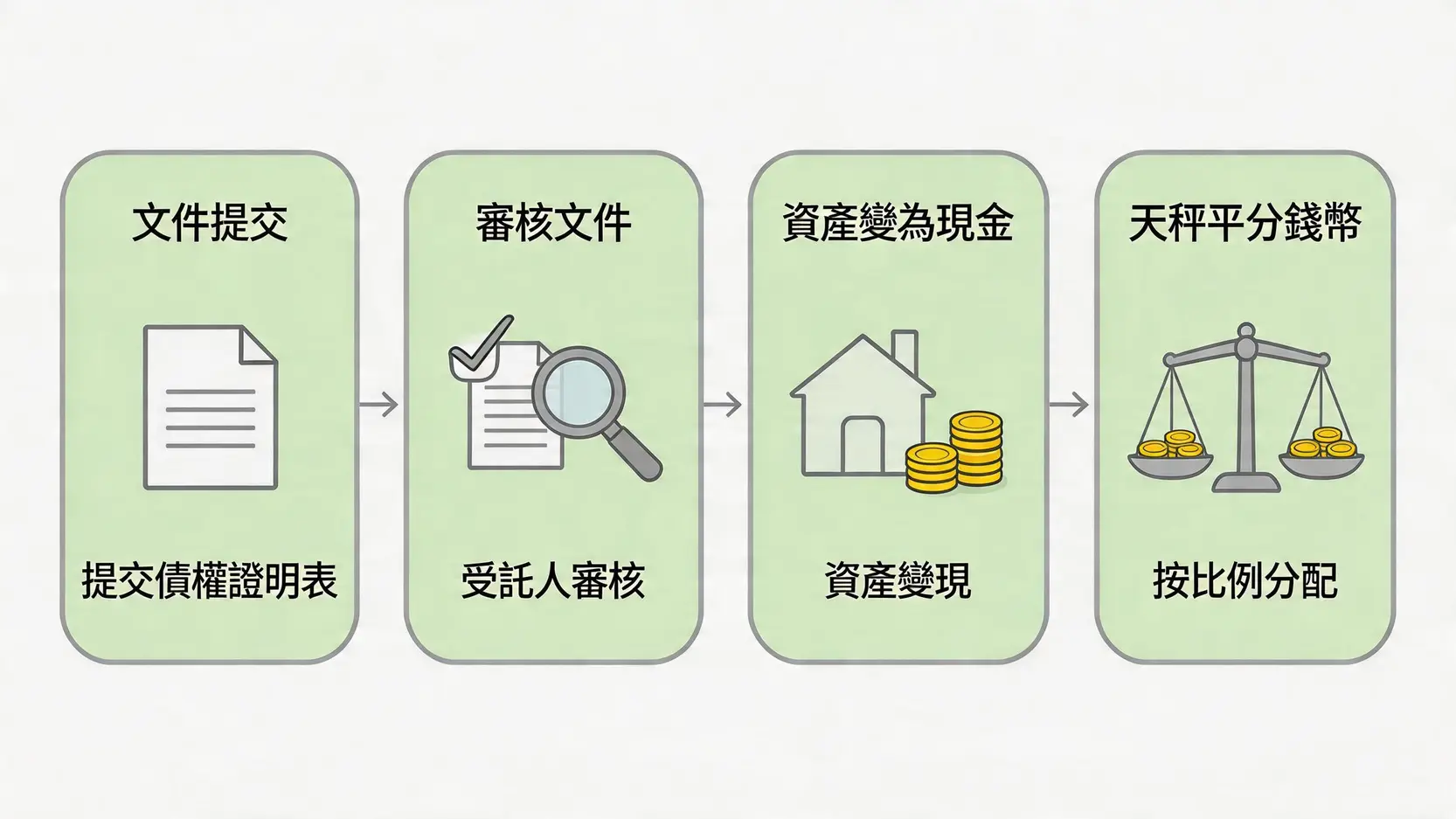 一個四步流程圖，說明提交債權證明表後的流程：受託人審核、變現破產人資產，以及按比例將資產分配給債權人。