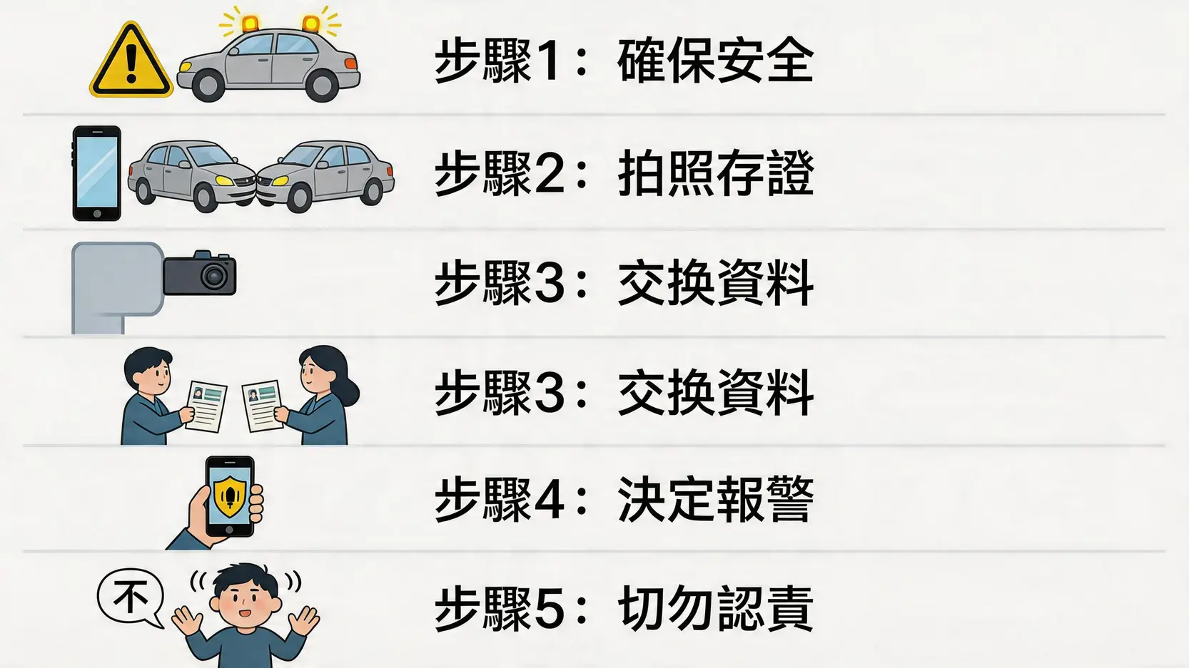 交通意外現場處理五大步驟的資訊圖表，包含確保安全、拍照存證、交換資料、決定報警和切勿認責的圖標與文字說明。