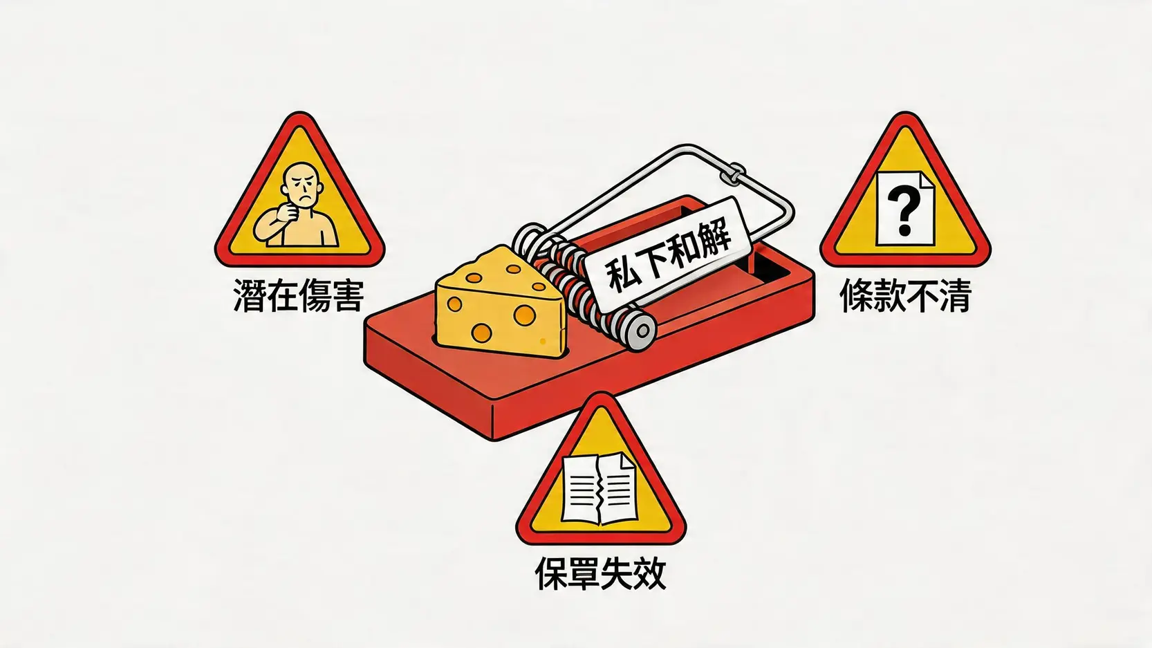 交通意外私下和解的潛在陷阱示意圖，展示了捕鼠器上的芝士比喻快速和解，周圍環繞著潛在傷害、條款不清和保單失效三大風險警告。