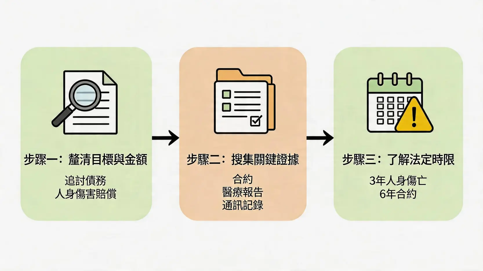 索償申請事前準備三步驟流程圖：釐清目標、搜集證據、了解時限。