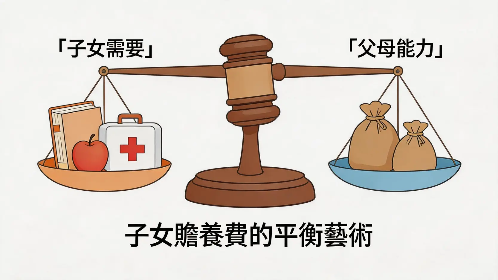 一張概念圖，用天平來比喻法庭如何平衡子女的實際需要（如教育、醫療）和父母雙方的經濟能力，來決定子女贍養費的金額。