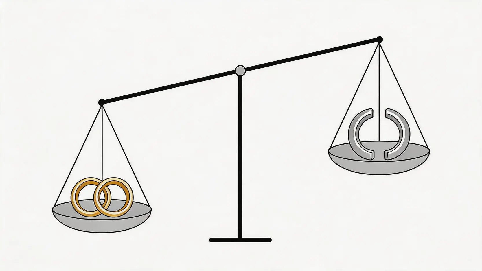 一個顯示結婚與離婚比例的天秤，兩枚結婚戒指與一枚破裂的戒指形成對比，說明香港結婚與離婚宗數的失衡狀況。