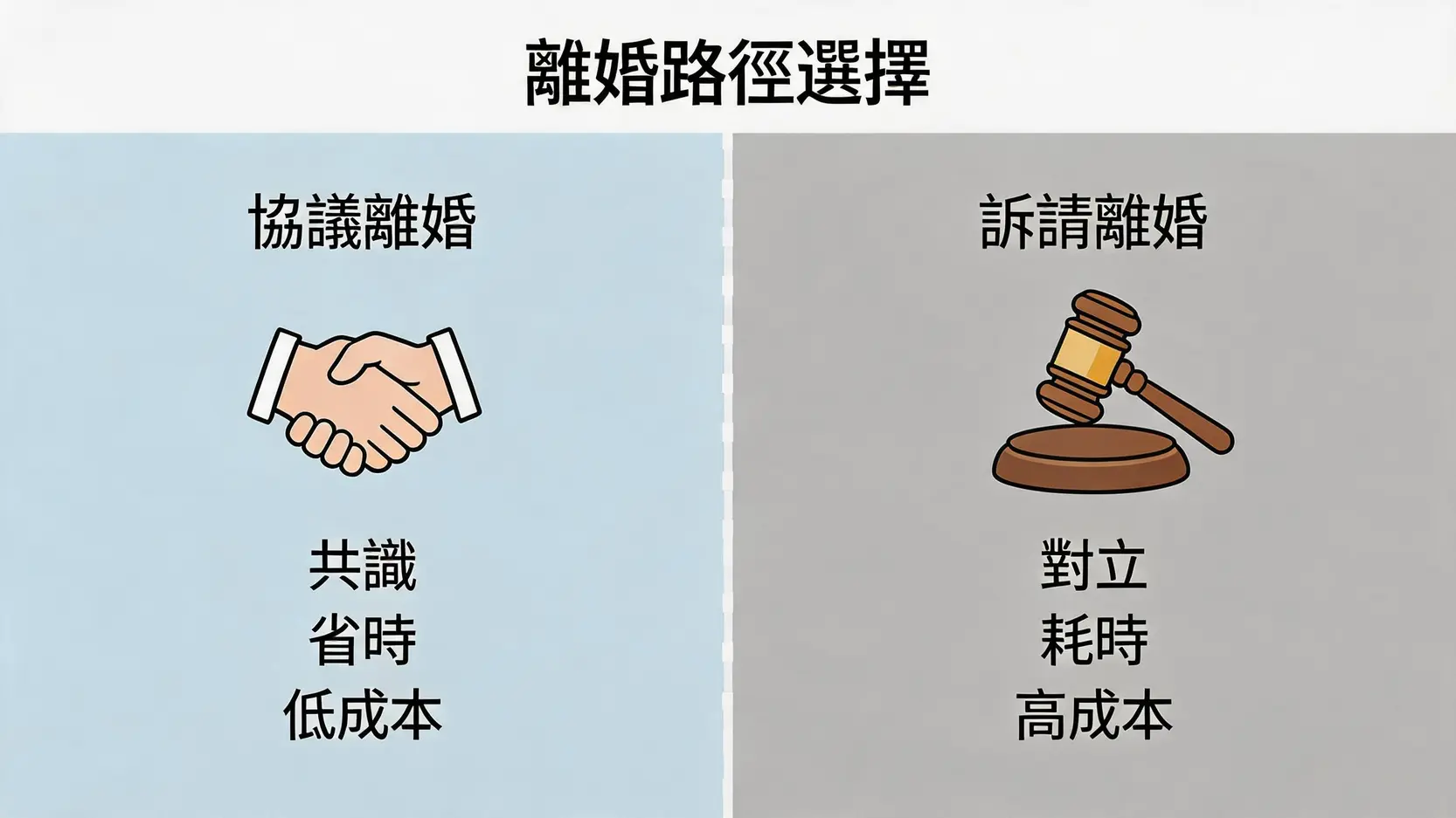 協議離婚與訴請離婚的對比圖，展示了兩者在共識、時間和成本上的主要差異。